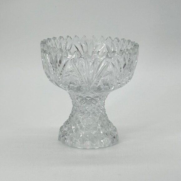 Vintage Footed Clear Cut Glass Bowl With Sawtooth Rim 5" Tall Heavy Decorative P - Picture 1 of 10